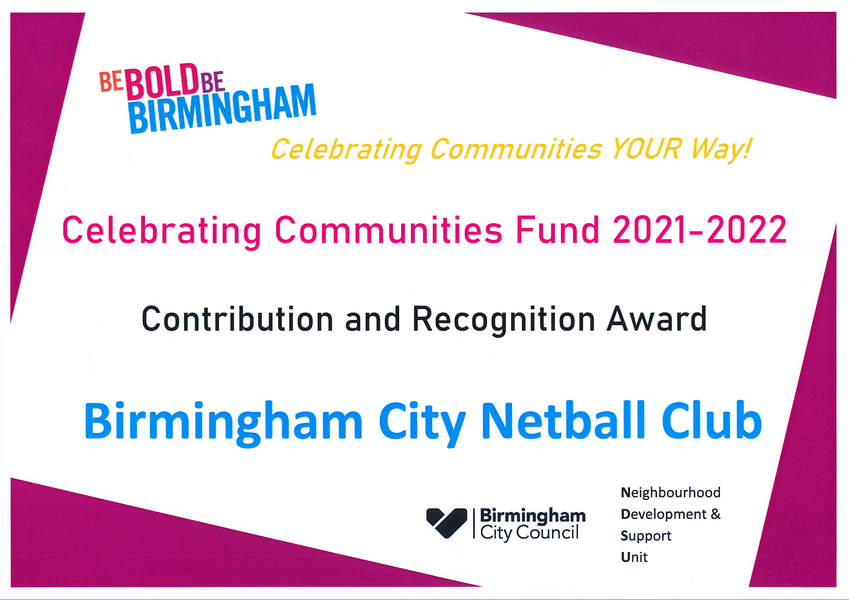 Celebrating Communities Fund Certificate